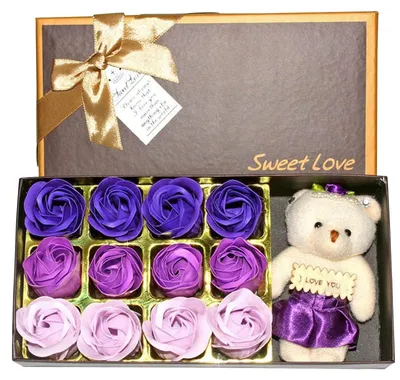 12 Rosen-Seifenboxen mit Teddybär, Plüschrosen, lila