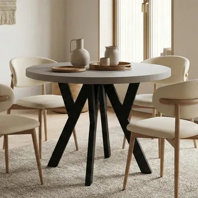 Produktbild von Runder Ausziehbarer Tisch für Esszimmer, PERO, Loft-Stil, Skandinavische, Durchmesser: 90 / 140 cm, Farbe: Kaschmir / Schwarz