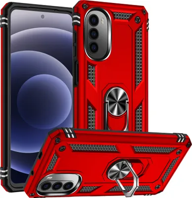 Produktbild von Moto G52 Hülle, Dual Layer Robust Militäre Schutzhülle mit Ringhalterung Ständer für Motorola Moto G52 Rot