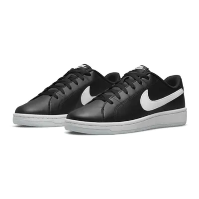 A pair of black Nike Court Royale 2 NN sneakers with white Nike swoosh logos and white soles, shown on a white background.