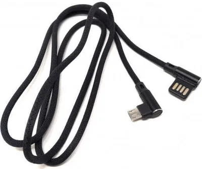 Produktbild von SYSTEM-S Micro USB Nylon Kabel links gewinkelt auf umkehrbarer USB Schnittstelle Typ A 2.0 in Schwarz 98 cm