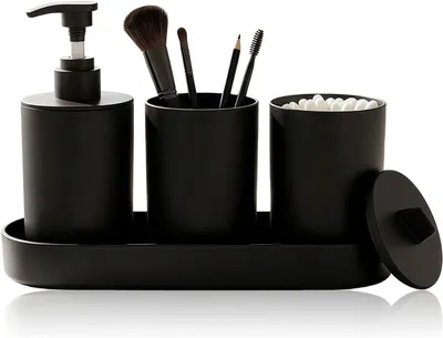 Produktbild von 4-teiliges Badezimmer-Set Matt Schwarz – Modernes Badezimmerzubehör Set mit Seifenspender, Zahnputzbecher, Vorratsdose & Ablage – Kunststoff Organizer für Waschbecken & Bad