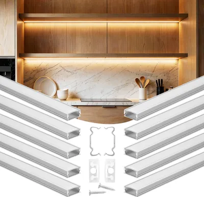 Image de Lot de 10 profilés LED VEVOR de 1 m, profilés en aluminium anodisé avec cache opaque, embouts et clips de fixation, canaux, diffuseur pour bandes LED, idéal pour les plans de travail sous paillasse, forme en U