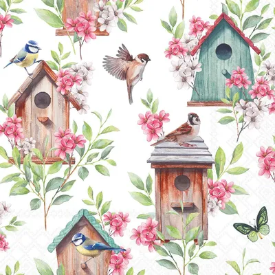 Produktbild von 20 Servietten Wooden Birdhouses - Vogelhäuser aus Holz 33x33cm