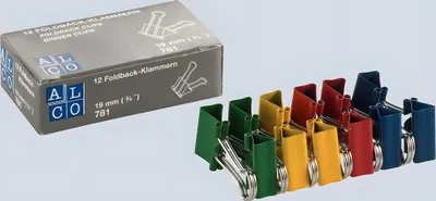 Produktbild von Foldback-Klammern, bunt gemischt, 19 mm, Schachtel à 12 Stück