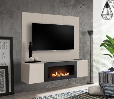 Produktbild von Anbauwand Wohnwand FLY B Cashmere mit -Ethanol Kamin mit Push-Click