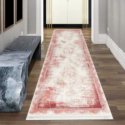 Immagine prodotto di Tappeto orientale astratto in lana con frange in rosso Dimensioni - 80 x 300 cm