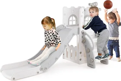 Produktbild von GOPLUS 6 in 1 Kinderrutsche, Kinder Rutsche aus HDPE mit Basketballkorb, Teleskop, Versteck- und Stauraum, Babyrutsche Indoor, Grau+Weiß