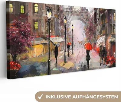 Produktbild von MuchoWow® - Leinwandbilder - Gemälde - Paris - Eiffelturm - Regenschirm - Ölgemälde, Wandbild, Wanddeko Bilder Wohnzimmer, 40x20 cm