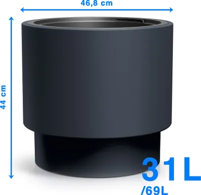 A dark gray cylindrical planter with dimensions and volume indicated.