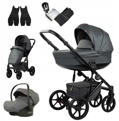 Produktbild von Mommo Deluxe 3-in-1 Kombikinderwagen Grau Kunstleder mit Babyschale