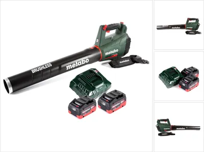 A Metabo leaf blower with batteries and charger on a white background.