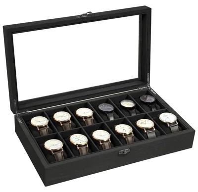 Produktbild von Uhrenbox Uhrenkasten Uhrenkoffer - 12 Fächer - Paulownia-Holz - Glasdeckel - Schwarz