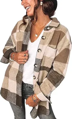 Produktbild von ASKSA Damen Plaid Knöpfe Shirts Flanell Farbblock Oberteile, Khaki, XL