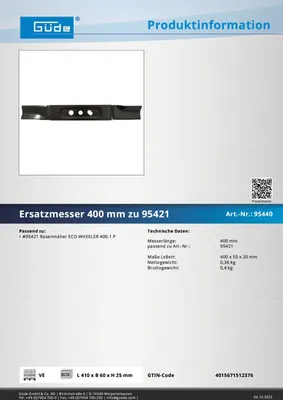 Güde Rasenmähermesser Ersatzmesser 400 mm für 95421 Rasenmäher ECO WHEELER 400.1 P 370954 95440 351544 4015671512376 stabilo-fachmarkt.de