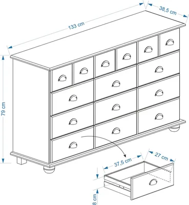 Produktbild von Schubladenschrank COLMAR, Gebeizt - Apothekerkommode mit Muschelgriffen aus Metall, 12 Schubladen für Stauraum, Sideboard im Landhausstil, Kiefer Massivholz