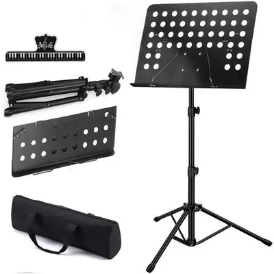 Produktbild von Perforierter Notenständer – Klappbarer Notenständer – Integrierter Notenständer – Notenständer aus Metall – Höhenverstellbar bis 150 cm – Schwarz