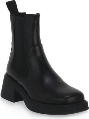 A black leather Chelsea boot with a thick sole and heel, shown from the side against a white background.