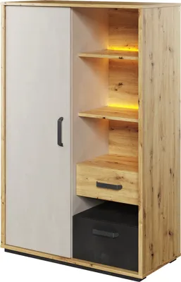 Produktbild von Furniture24 Schrank Qubic QB-05, Jugendzimmerschrank, Highboard, Kommode, Hochschrank mit Tür, 2 Schubladen und LED Beleuchtung