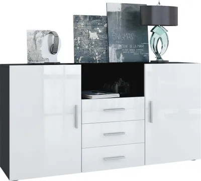 Produktbild von Vladon Sideboard Skadu, Kommode mit 2 Türen, 3 Schubladen und 1 offenem Fach, Schwarz matt/Weiß Hochglanz (138,5 x 71,5 x 35 cm)