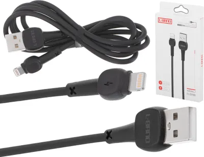 A collage of images showing a black L-BRNO Lightning charging cable and its packaging.