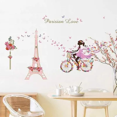 Produktbild von Kindermotiv-Wandsticker, Woonkammerdeko, Mädchenzimmer, Blumenmotiv, Eiffelturm, Insekten