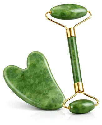 Produktbild von Jade-Roller und Gua Sha Set - Gesichtsmassagerolle aus natürlicher grüner Jade mit goldenem Rahmen - Werkzeug für Lymphdrainage und Gesichtsformung - Inklusive Geschenkbox