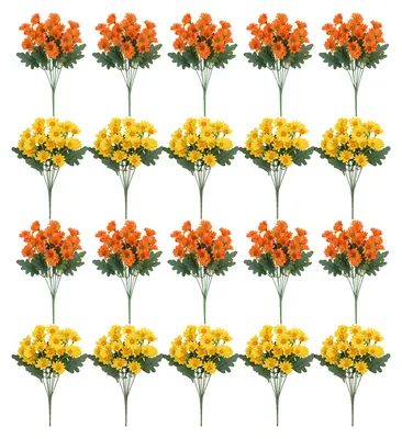 Produktbild von 20 künstliche Chrysanthemen, 20 Köpfe, UV-beständige Kunstseidenblumen mit grünen Blättern, Herbstdekoration für drinnen und draußen, Tischdekoration, künstliche Blüten