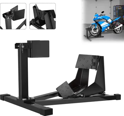 Zdjęcie produktu dla Stojak motocyklowy XMTECH na przednie koło 17-21", 90-130 mm, wahacz motocyklowy, stojak transportowy, regulowany stalowy wahacz motocyklowy, jako stojak transportowy i montażowy