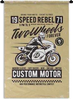 Produktbild von MuchoWow® Wandteppich Wandbehang Motorrad - Briefe - Jahrgang 90x135 cm Tapisserie Dekoration Wandtuch - Baumwolle - Wandskulptur