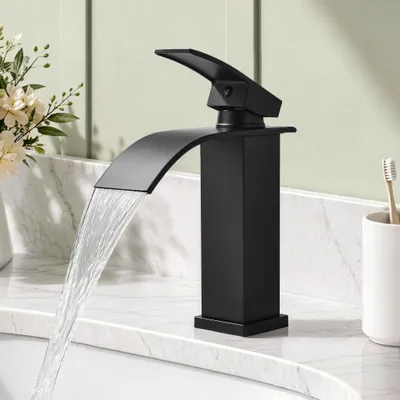 Produktbild von Homelody Wasserfall Waschtischarmatur, Wasserhahn Bad Einhebel Waschbeckenhahn aus SUS304 Edelstahl, Mischbatterie Badezimmer Bleifrei, Schwarz