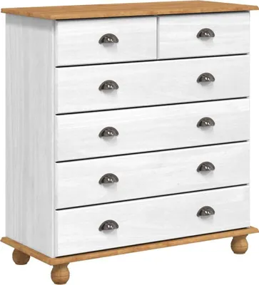 A white chest of drawers with a wooden top and wooden knobs, shown from the front.