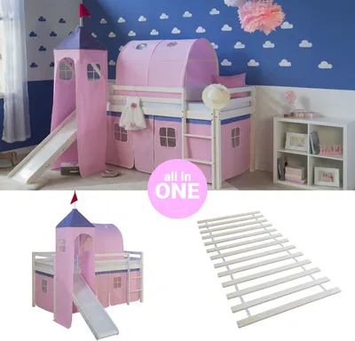 Produktbild von Homestyle4u 2555, Hochbett 90x200 mit Rutsche, Turm, Tunnel, Lattenrost, Vorhang rosa Kinderbett Weiß Holz Kiefer Massiv Jugendbett
