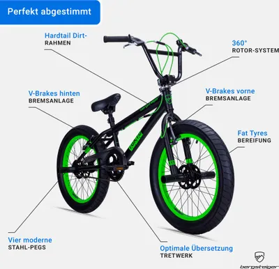 A black and green BMX bicycle with various features labeled with text.