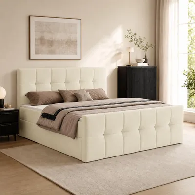 Produktbild von Boxspringbett AUREN FRONT 180x200 cm Komplett-Set mit Bonell-Matratze, Topper und Bettkasten, Samt Creme