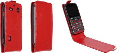 A red flip case for a mobile phone is shown from multiple angles.