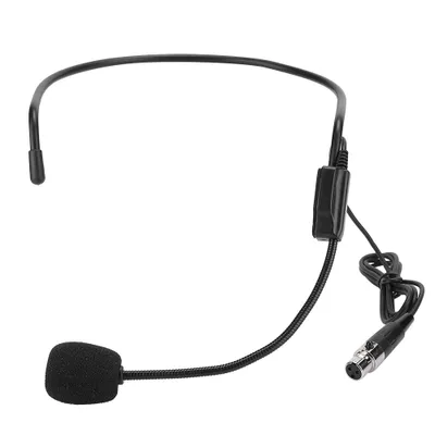 A black headset microphone with an XLR connector is shown against a white background.