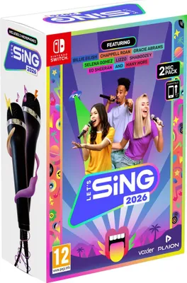 The image shows the front packaging of the "Let's Sing 2026" video game for Nintendo Switch, which includes two microphones.