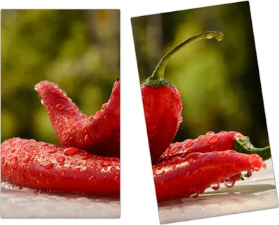 Produktbild von Spritzschutz Herdabdeckplatte Schneidebrett aus Glas Chilischoten mit Tropfen 2-Teilig (60x52cm)