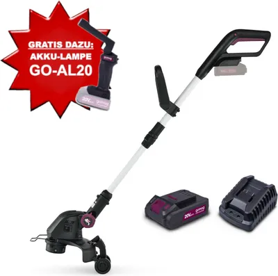 A product shot of a cordless grass trimmer with accessories and a promotional starburst.