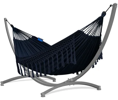 Produktbild von Potenza Outdoor Hängematte mit Gestell für 2 Personen I Baumwolle Doppelhängematte XXL 220x160, 200kg I Grau Hängemattengestell 220kg, wetterfest