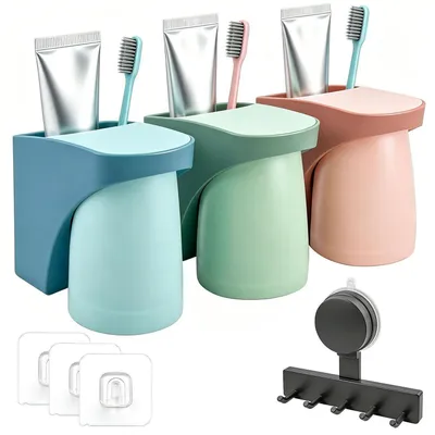 Immagine prodotto di Porta-bicchieri per spazzolino, confezione da 3 pezzi, magnetici, senza necessità di foratura, adesivi, colore rosso/verde/blu