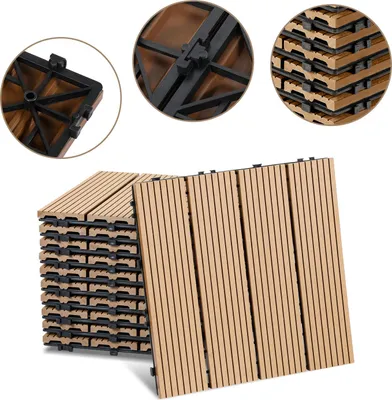 Immagine prodotto di Izrielar 55 pezzi di piastrelle per terrazze in WPC con sistema di drenaggio e incastro a clic per pavimentazione di giardini e balconi 30x30 cm teak
