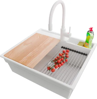 Produktbild von PRIMAGRAN Granitspüle Weiß 58x53cm, Spülbecken 1 Becken + Küchenarmatur 38x14cm + Ablauf-Set + Küchenzubehörset, Küchenspüle ab 60er Unterschrank - Oslo Pocket