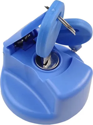 A close-up studio shot of a blue padlock with two keys.