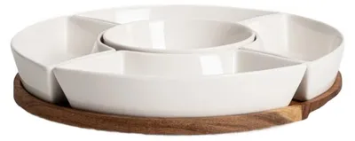 Obrázek produktu pro HOMLA FINCAN – Servírovací tác s bílými miskami a podtácemi z akáciového dřeva, 30 cm
