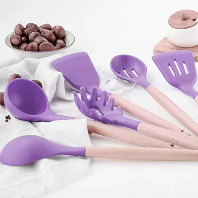 Produktbild von [12 tlg. Küchenhelfer Set in verschiedenen Farben] Silikon Kochbesteck Küchenutensilien mit Holzgriff Küchenzubehör, Farbe:Violett