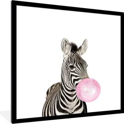 Produktbild von MuchoWow® Gerahmtes Poster Zebra - Tiere - Mädchen - Rosa - Kaugummi - Kinder 40x40 cm - Poster mit Schwarzem Bilderrahmen Wandposter Rahmen Foto Bilder - Mit Rahmen - Wanddekoration Schlafzimmer