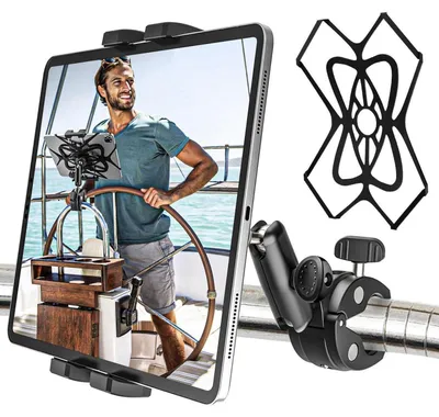 Image de Support métallique robuste pour tablettes, idéal pour bateaux, voiliers, yachts et environnements marins, avec bras en aluminium et système de fixation par pince pour tubes de 4 à 13 pouces