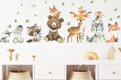 Produktbild von Wandtattoo mit Waldtieren, Wandtattoo für Kinderzimmer, Braunbär, Reh, Kaninchen, Fuchs, Blätter, Wandaufkleber, wasserfest, abnehmbar
